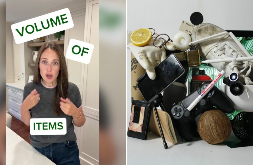 Cover of @lauren.spruced's TikTok video (left) beside an Unsplash photo by Luca Laurence of a pile of assorted-color products (right).