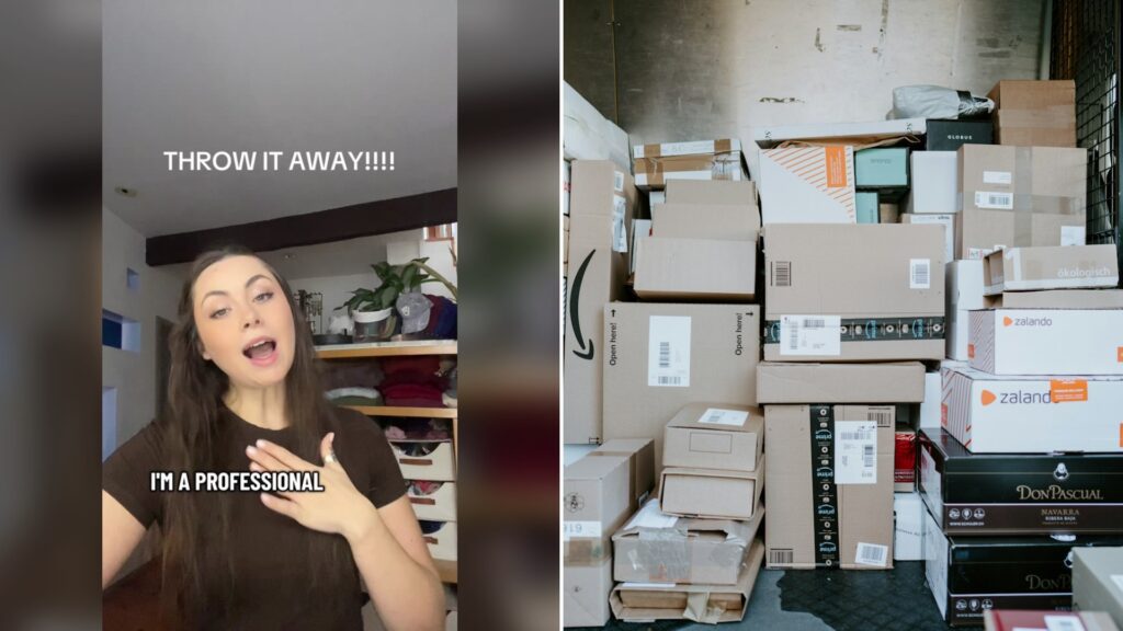 Cover of @wonderlandallys's TikTok video (left) beside an Unsplash photo by Claudio Schwarz of a stack of cardboard shipping boxes inside the back of a delivery van (right).