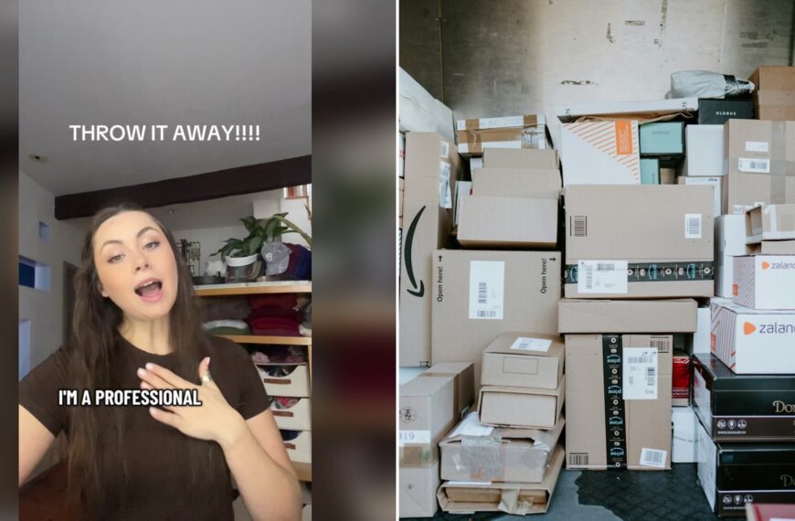 Cover of @wonderlandallys's TikTok video (left) beside an Unsplash photo by Claudio Schwarz of a stack of cardboard shipping boxes inside the back of a delivery van (right).