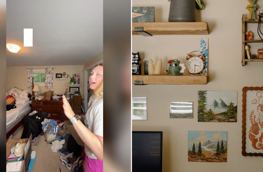 Cover of @dana.litz's TikTok video (left) beside an Unsplash photo by Annie Spratt of a wall decorated with shelves, art, and small objects (right).