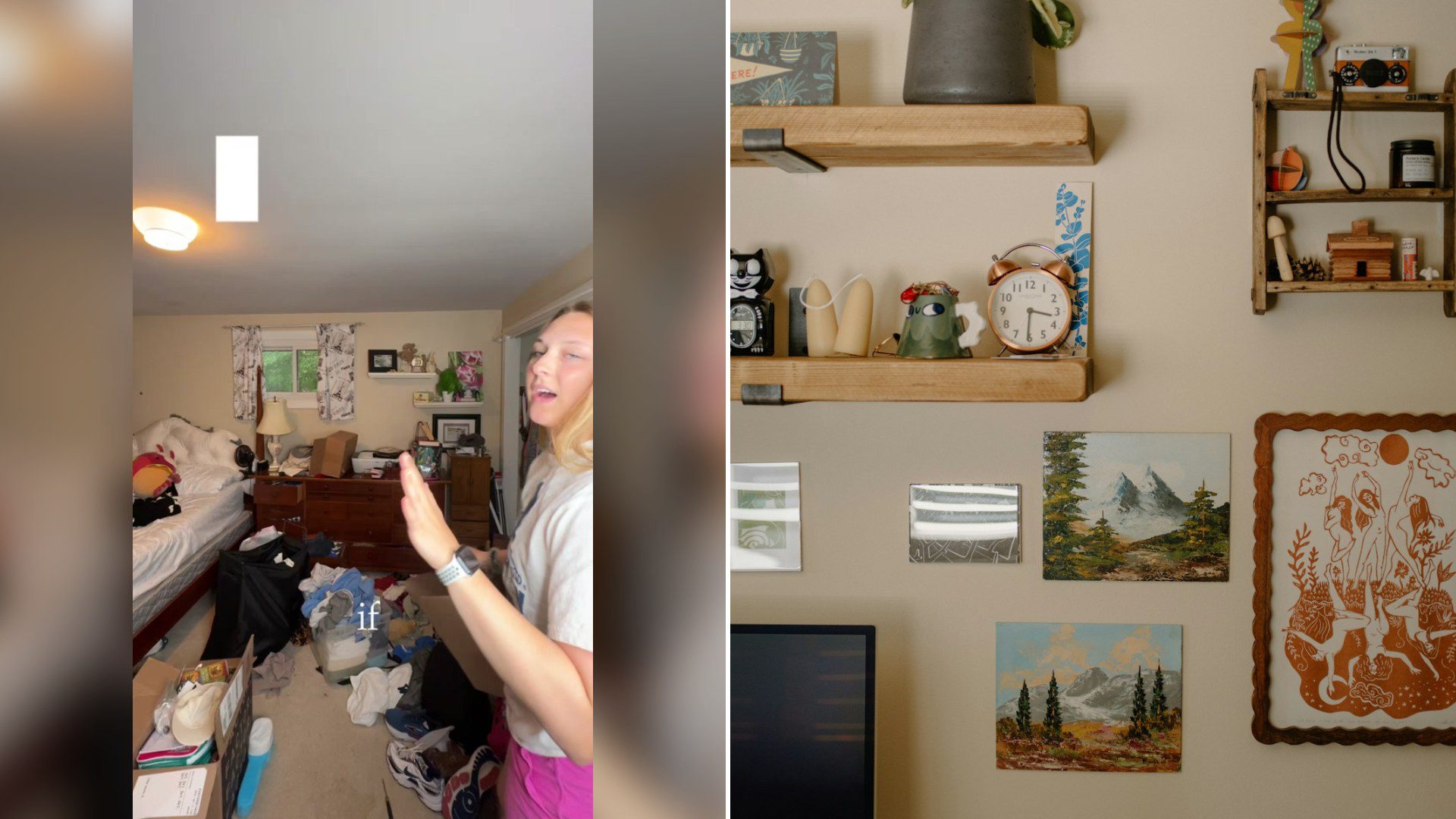 Cover of @dana.litz's TikTok video (left) beside an Unsplash photo by Annie Spratt of a wall decorated with shelves, art, and small objects (right).