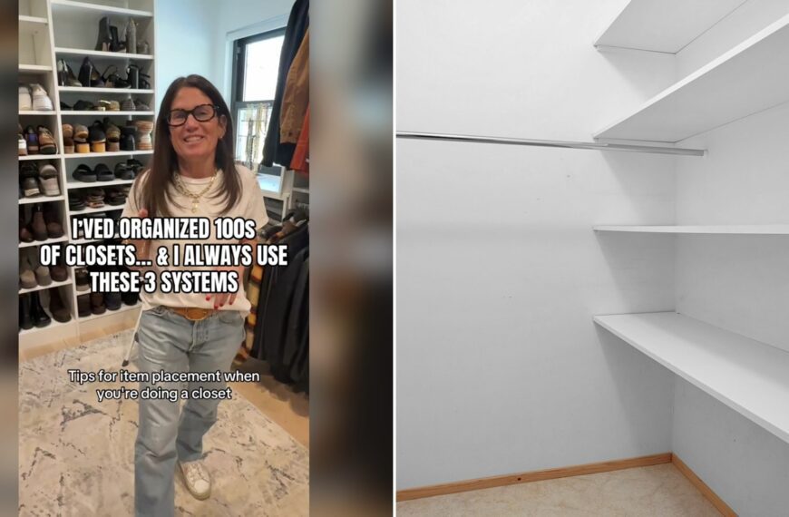 Cover of @organizedetroit's TikTok video (left) beside an Unsplash photo by Lisa Anna of a walk-in closet with white shelves and wood flooring (right).