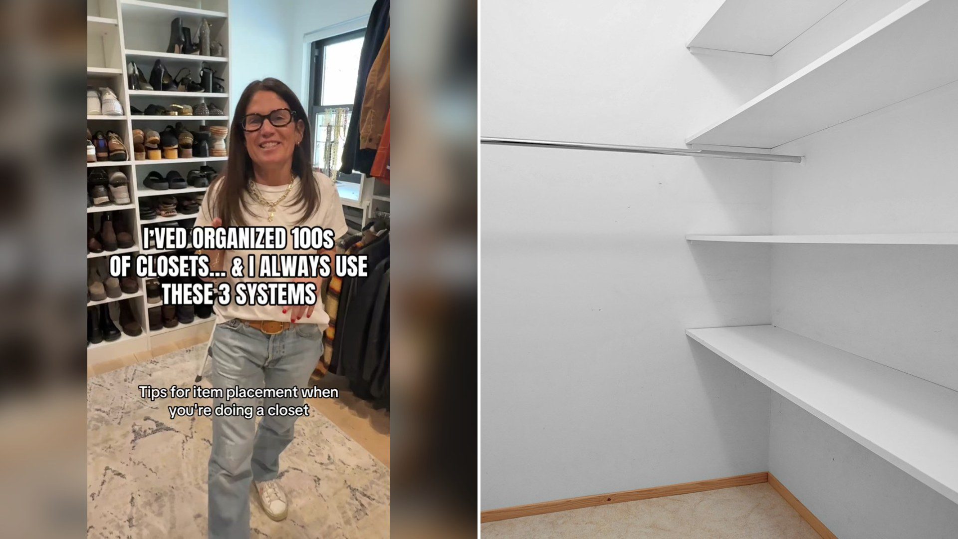 Cover of @organizedetroit's TikTok video (left) beside an Unsplash photo by Lisa Anna of a walk-in closet with white shelves and wood flooring (right).