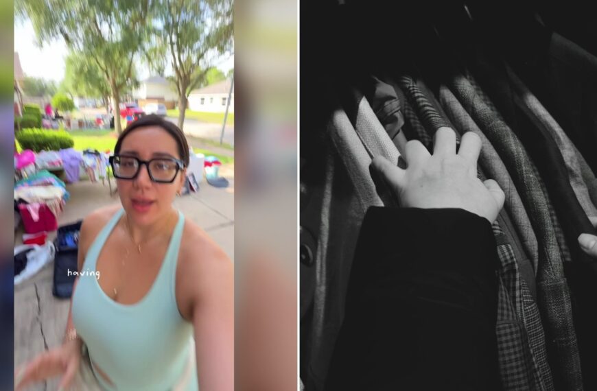 Cover of @arlene.salisbury's TikTok video (left) beside an Unsplash photo by Michael Lebedew of hands browsing through a rack of clothes (right).