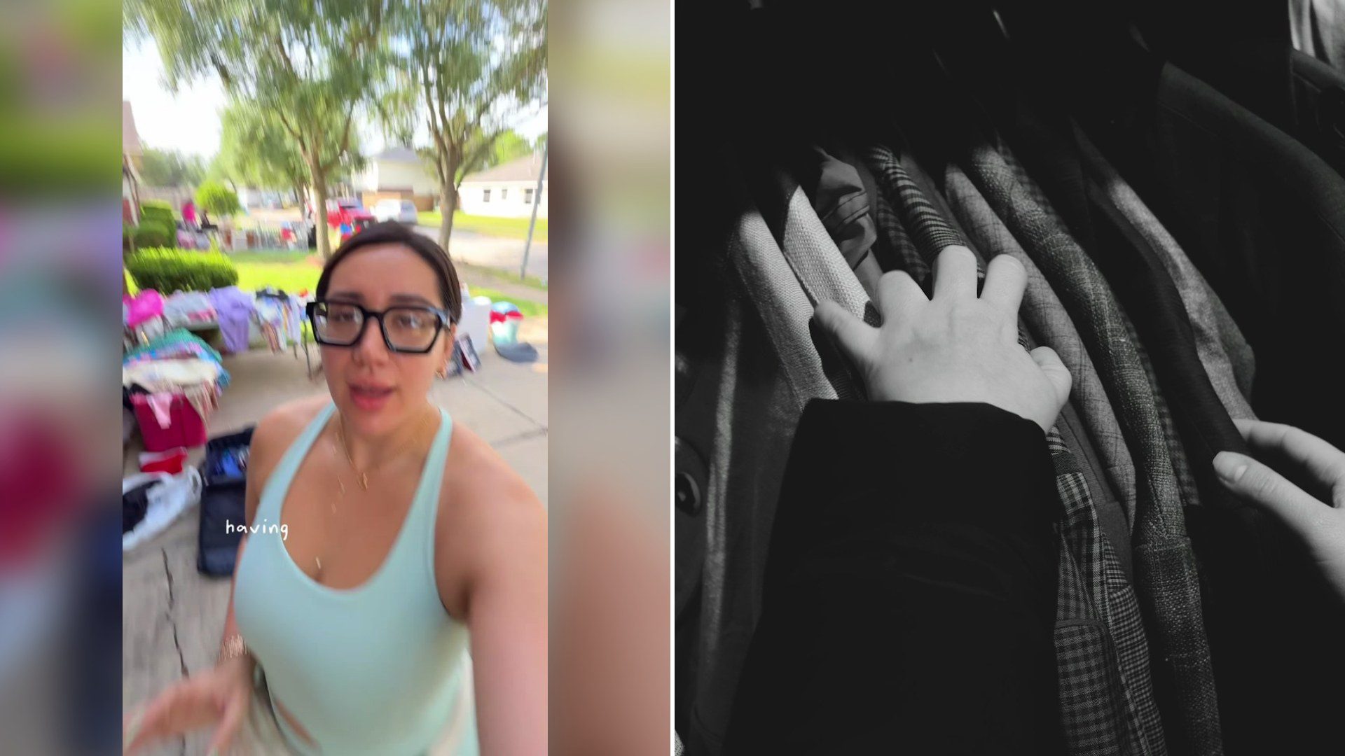 Cover of @arlene.salisbury's TikTok video (left) beside an Unsplash photo by Michael Lebedew of hands browsing through a rack of clothes (right).