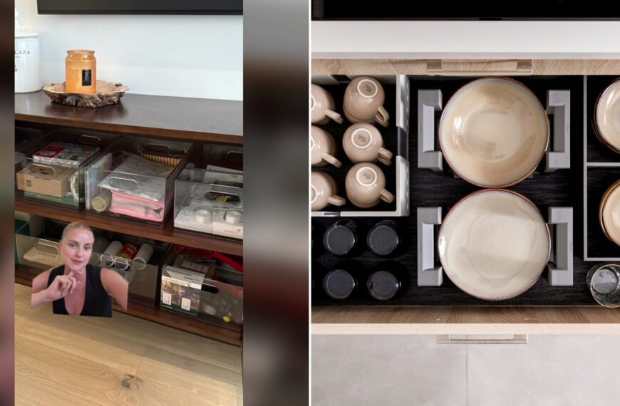 Cover of @resetorganization's TikTok video (left) beside an Unsplash photo by Orgalux of a drawer with dishes and cups inside of it (right).
