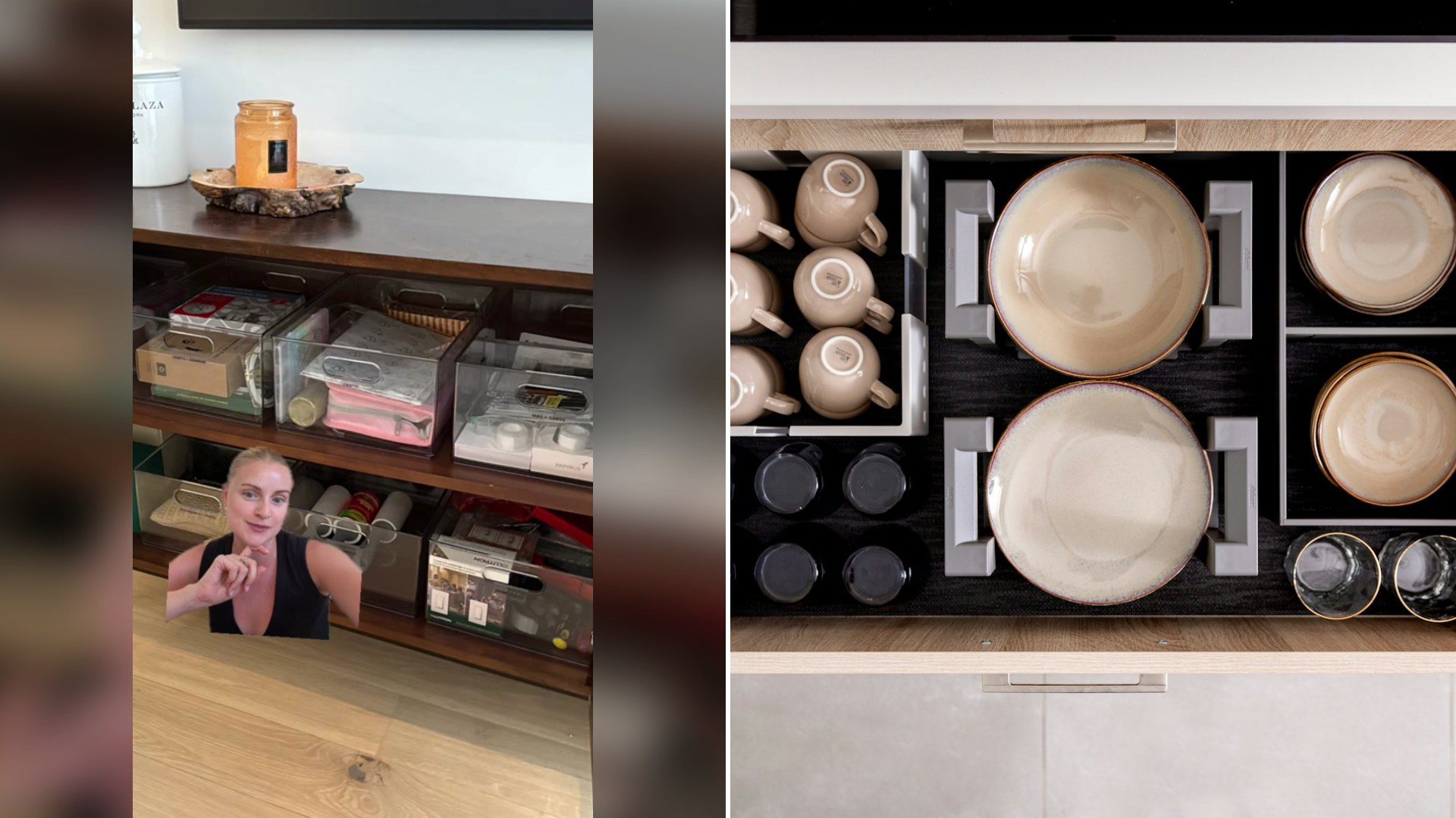 Cover of @resetorganization's TikTok video (left) beside an Unsplash photo by Orgalux of a drawer with dishes and cups inside of it (right).