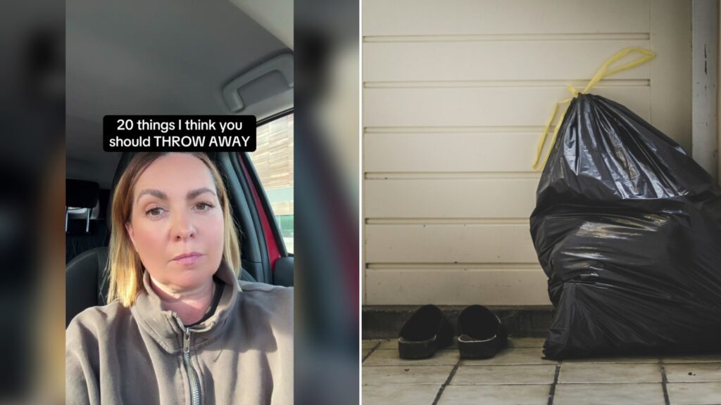 Cover of @thedeclutterdarlinguk's TikTok video (left) beside an Unsplash photo by Sven Brandsma of a black plastic bag beside a white wall (right).