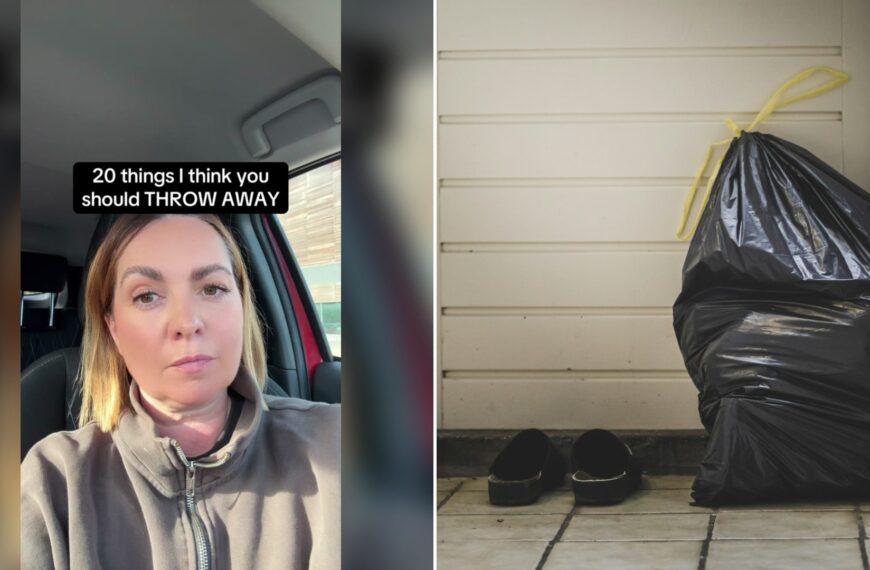 Cover of @thedeclutterdarlinguk's TikTok video (left) beside an Unsplash photo by Sven Brandsma of a black plastic bag beside a white wall (right).