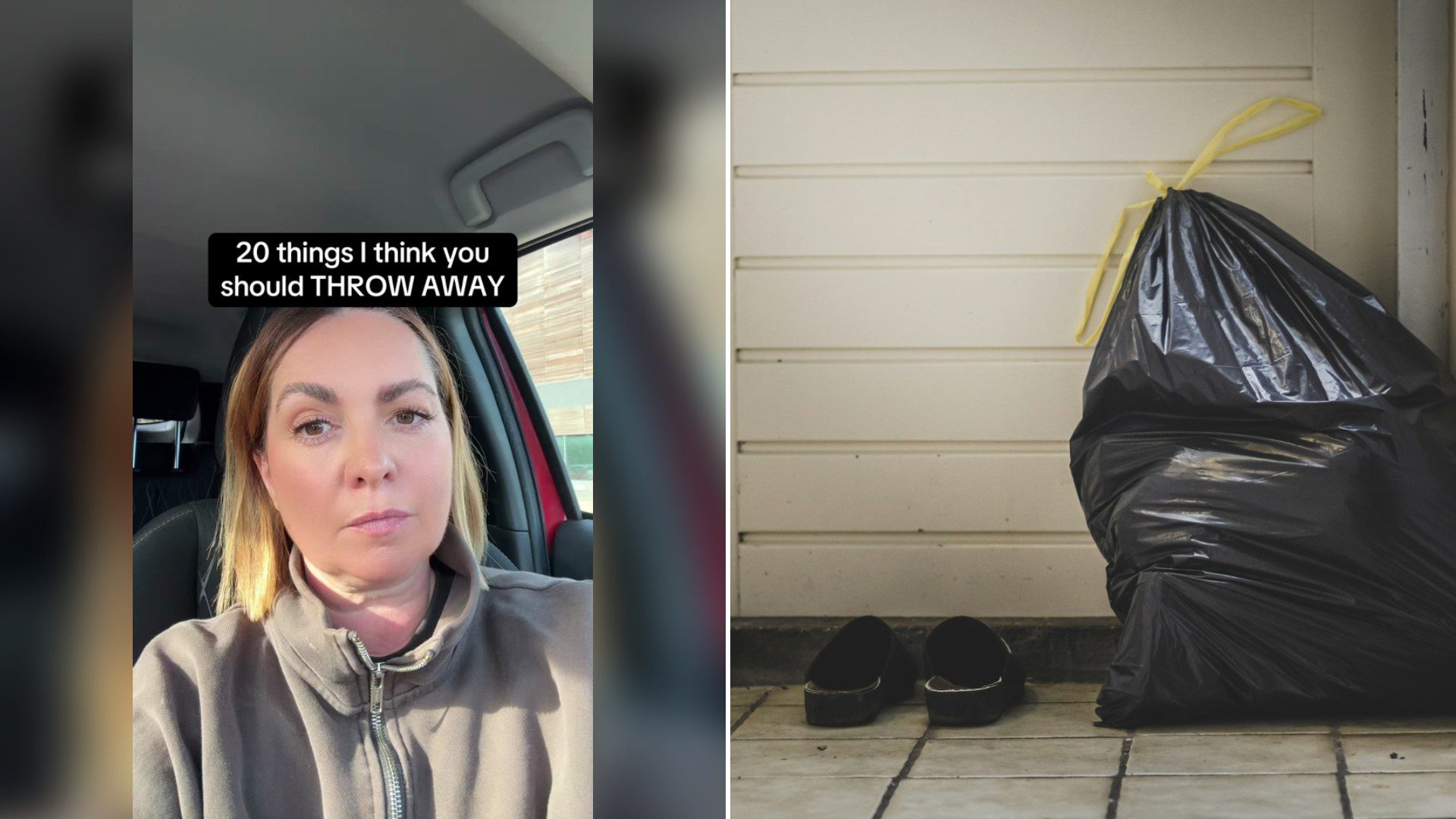 Cover of @thedeclutterdarlinguk's TikTok video (left) beside an Unsplash photo by Sven Brandsma of a black plastic bag beside a white wall (right).
