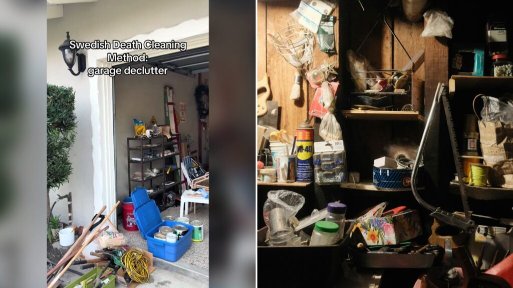 Cover of @goldenwestorganizing's TikTok video (left) beside an Unsplash photo by Stephen Pontes of a messy, cluttered storage room filled with various household items (right).