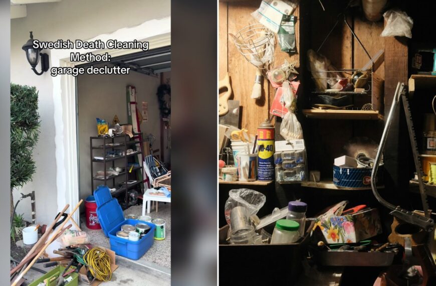 Cover of @goldenwestorganizing's TikTok video (left) beside an Unsplash photo by Stephen Pontes of a messy, cluttered storage room filled with various household items (right).