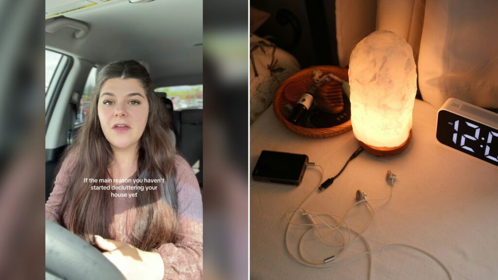 Cover of @sociallykylie's TikTok video (left) beside an Unsplash photo by Allen Y of a nightstand with a lamp, clock, and chargers (right).