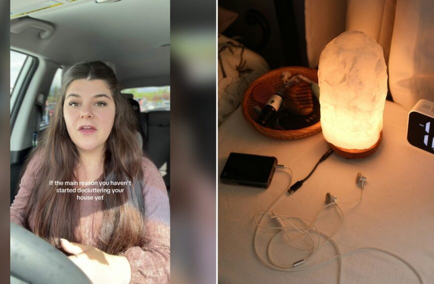 Cover of @sociallykylie's TikTok video (left) beside an Unsplash photo by Allen Y of a nightstand with a lamp, clock, and chargers (right).