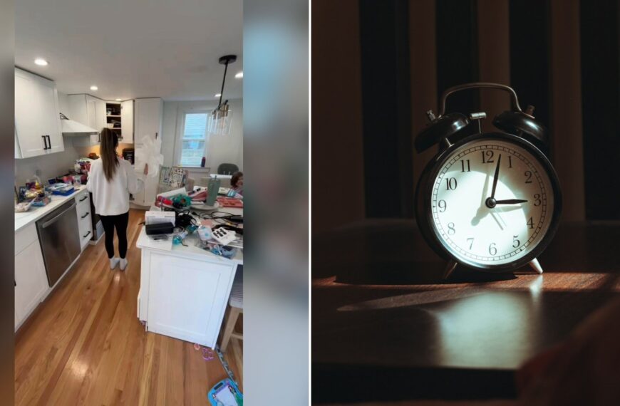 Cover of @erin.makehomesimple's TikTok video (left) beside an Unsplash photo by Suhas Hanjar of an alarm clock on a wooden table at night (right).