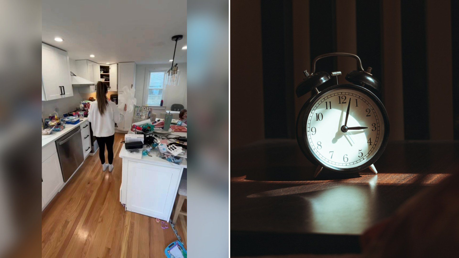 Cover of @erin.makehomesimple's TikTok video (left) beside an Unsplash photo by Suhas Hanjar of an alarm clock on a wooden table at night (right).