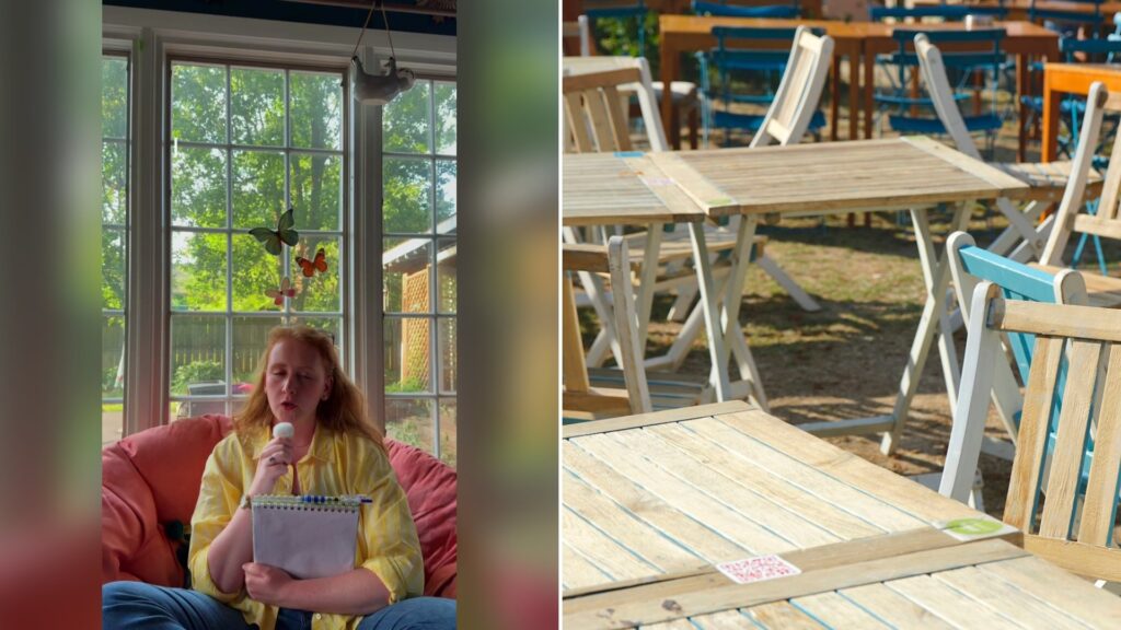 Cover of @shelbycelebrates's TikTok video (left) beside an Unsplash photo by Meizhi Lang of a row of wooden tables (right).