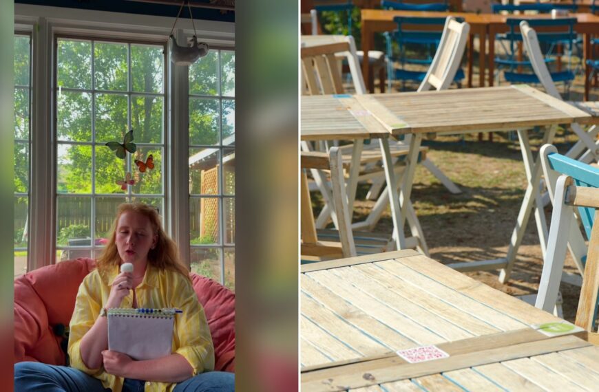 Cover of @shelbycelebrates's TikTok video (left) beside an Unsplash photo by Meizhi Lang of a row of wooden tables (right).