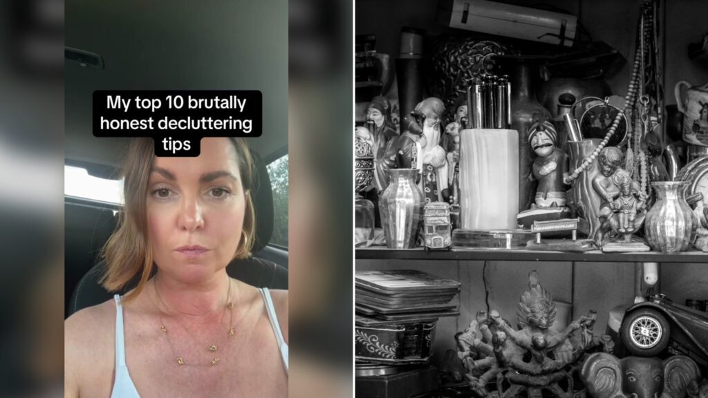 Cover of @thedeclutterdarlinguk's TikTok video (left) beside an Unsplash photo by Zoshua Colah of a collection of vintage trinkets and curios on shelves (right).