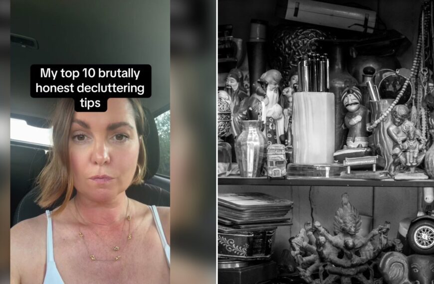 Cover of @thedeclutterdarlinguk's TikTok video (left) beside an Unsplash photo by Zoshua Colah of a collection of vintage trinkets and curios on shelves (right).