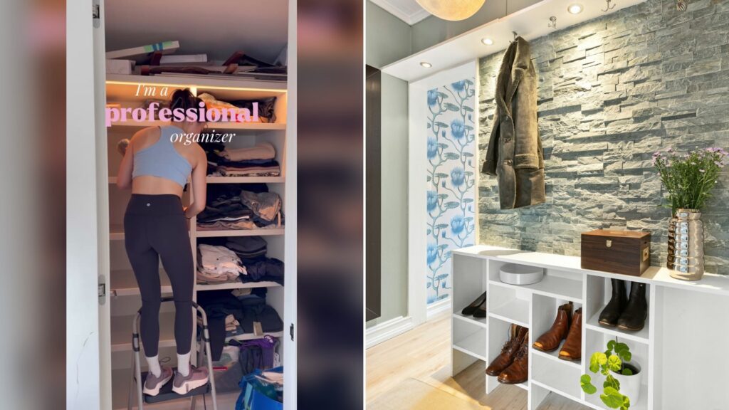 Cover of @organizingbyally's TikTok video (left) beside an Unsplash photo by Alex Tyson of a room with a mirror and a shelf with shoes on it (right).
