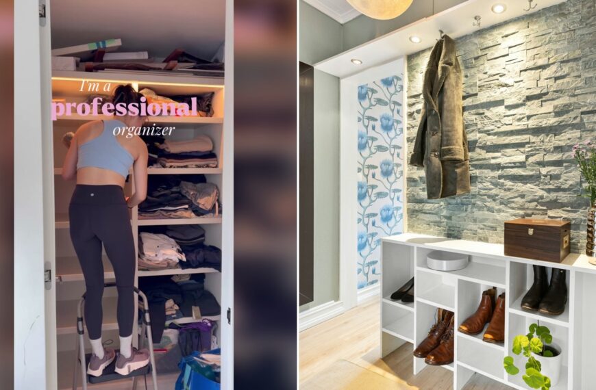 Cover of @organizingbyally's TikTok video (left) beside an Unsplash photo by Alex Tyson of a room with a mirror and a shelf with shoes on it (right).