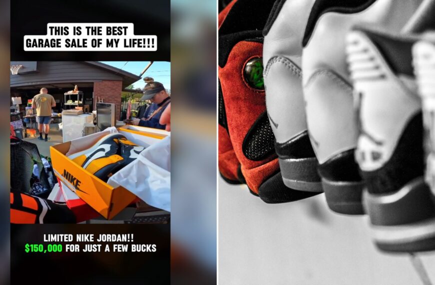 Cover of @katinajana27's TikTok video (left) beside an Unsplash photo by Hermes Rivera of a lot of sneakers (right).