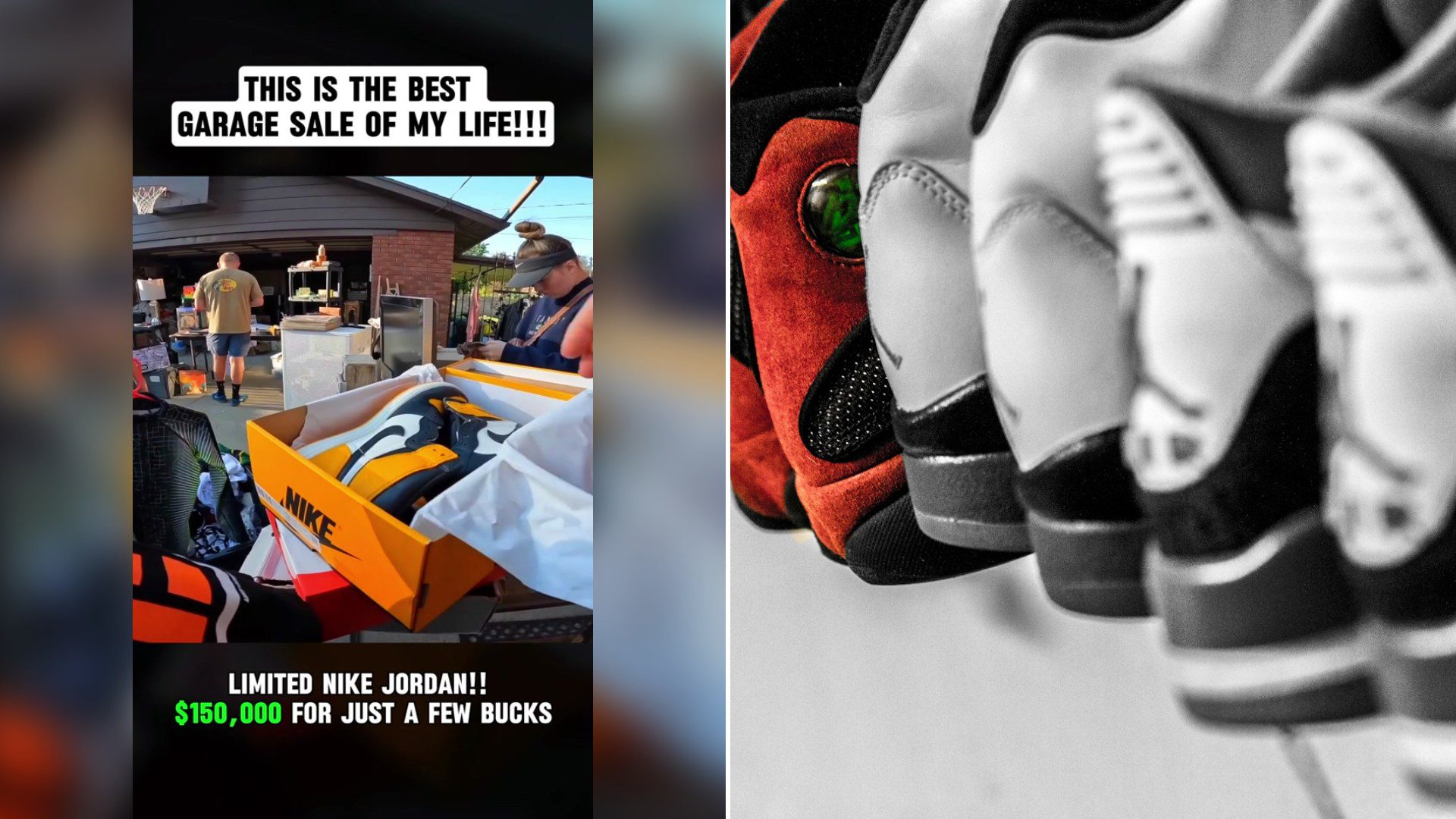 Cover of @katinajana27's TikTok video (left) beside an Unsplash photo by Hermes Rivera of a lot of sneakers (right).