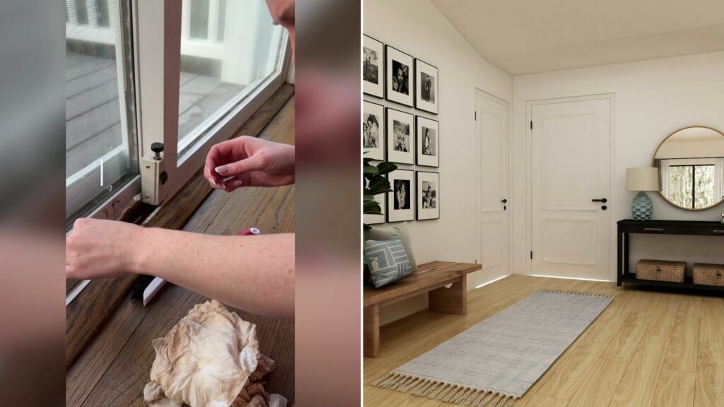 Cover of @devynnicoles's TikTok video (left) beside an Unsplash photo by Collov Home Design of a brown wooden coffee table near a white wooden door (right).