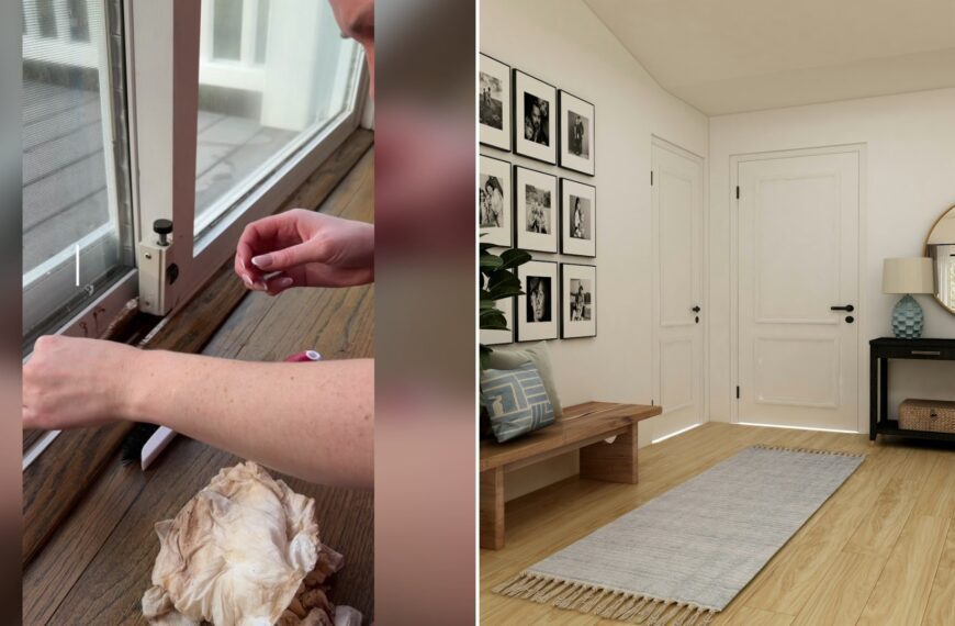 Cover of @devynnicoles's TikTok video (left) beside an Unsplash photo by Collov Home Design of a brown wooden coffee table near a white wooden door (right).