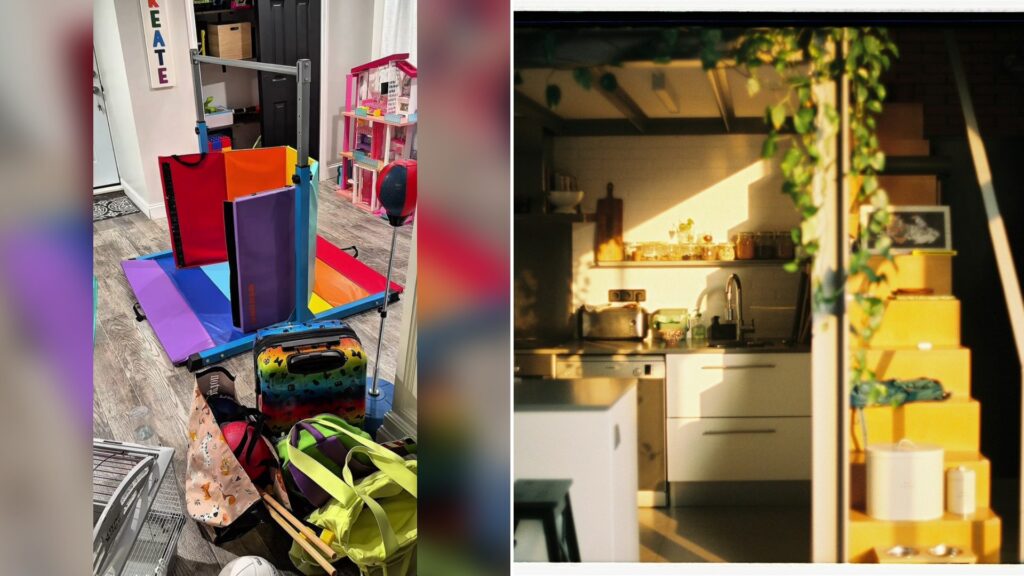 Cover of @devynnicoles's TikTok video (left) beside an Unsplash photo by Quiet Studio of sunlight streaming into a modern kitchen with yellow stairs (right).