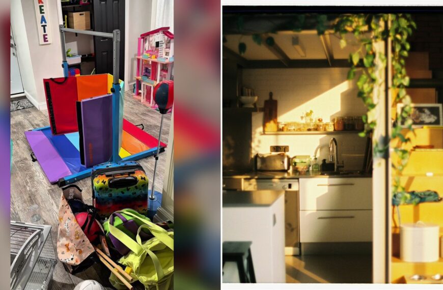 Cover of @devynnicoles's TikTok video (left) beside an Unsplash photo by Quiet Studio of sunlight streaming into a modern kitchen with yellow stairs (right).