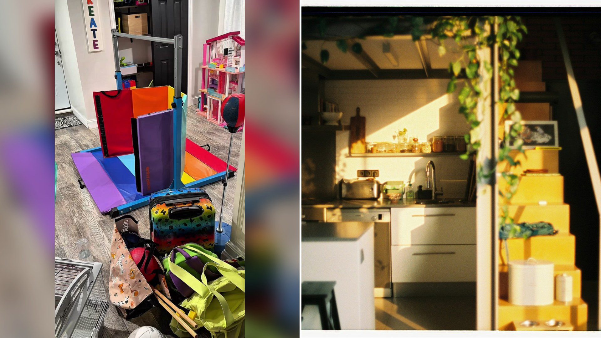 Cover of @devynnicoles's TikTok video (left) beside an Unsplash photo by Quiet Studio of sunlight streaming into a modern kitchen with yellow stairs (right).