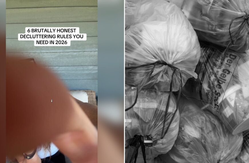 Cover of @thedeclutter.co's TikTok video (left) beside an Unsplash photo by noe fornells of a pile of clear plastic trash bags filled with items (right).