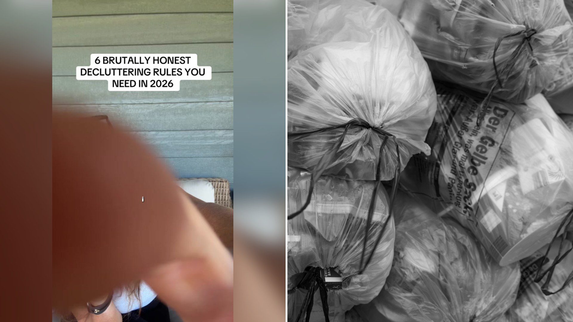 Cover of @thedeclutter.co's TikTok video (left) beside an Unsplash photo by noe fornells of a pile of clear plastic trash bags filled with items (right).