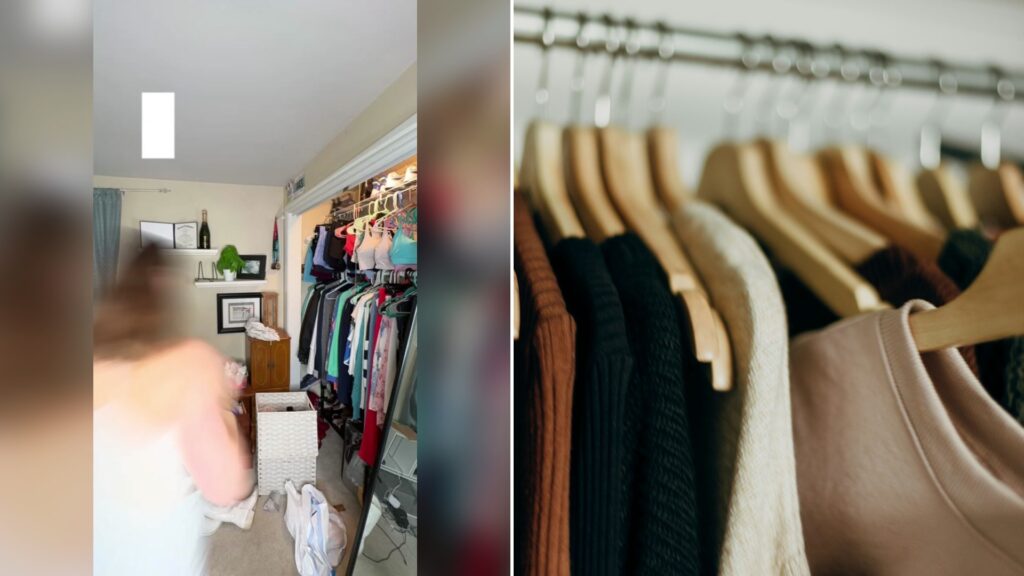 Cover of @dana.litz's TikTok video (left) beside an Unsplash photo by Priscilla Du Preez of a row of clothes (right).