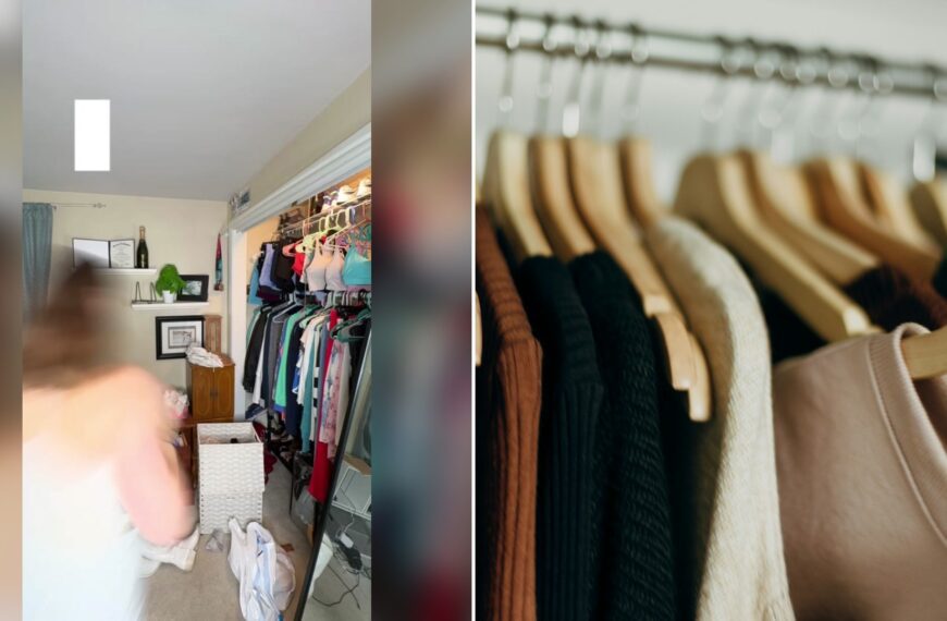 Cover of @dana.litz's TikTok video (left) beside an Unsplash photo by Priscilla Du Preez of a row of clothes (right).
