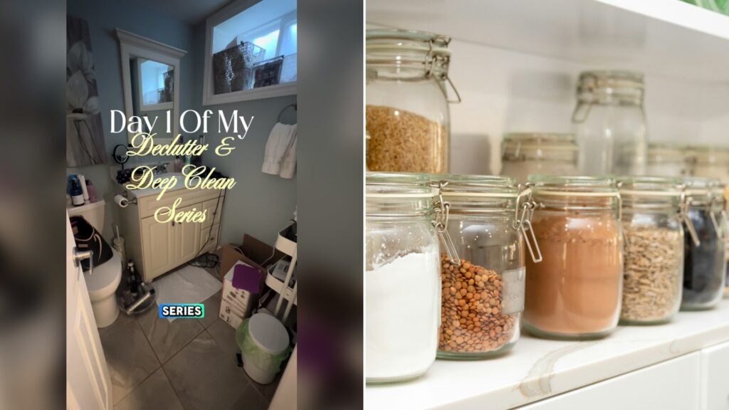 Cover of @uplift.her.wealth's TikTok video (left) beside an Unsplash photo by Steven Ungermann of a row of jars filled with different types of food (right).