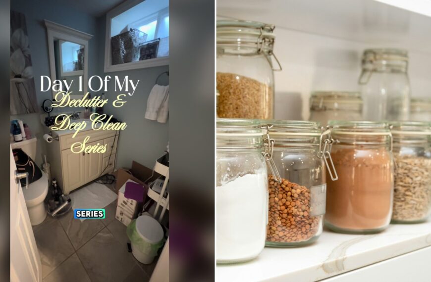 Cover of @uplift.her.wealth's TikTok video (left) beside an Unsplash photo by Steven Ungermann of a row of jars filled with different types of food (right).