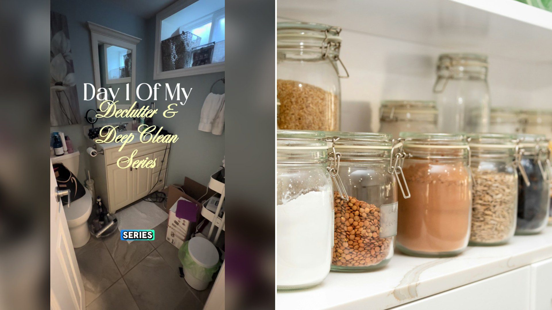 Cover of @uplift.her.wealth's TikTok video (left) beside an Unsplash photo by Steven Ungermann of a row of jars filled with different types of food (right).