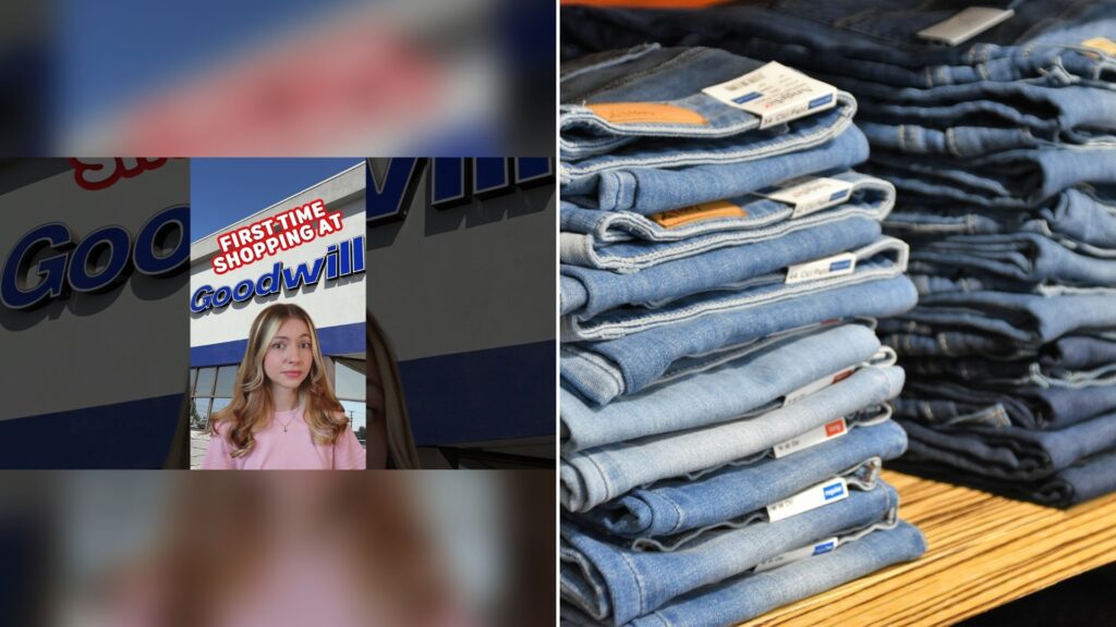 Cover of @rachxlouise's YouTube video thumbnail beside an Unsplash photo by Waldemar Brandt of a large pile of blue denim jeans