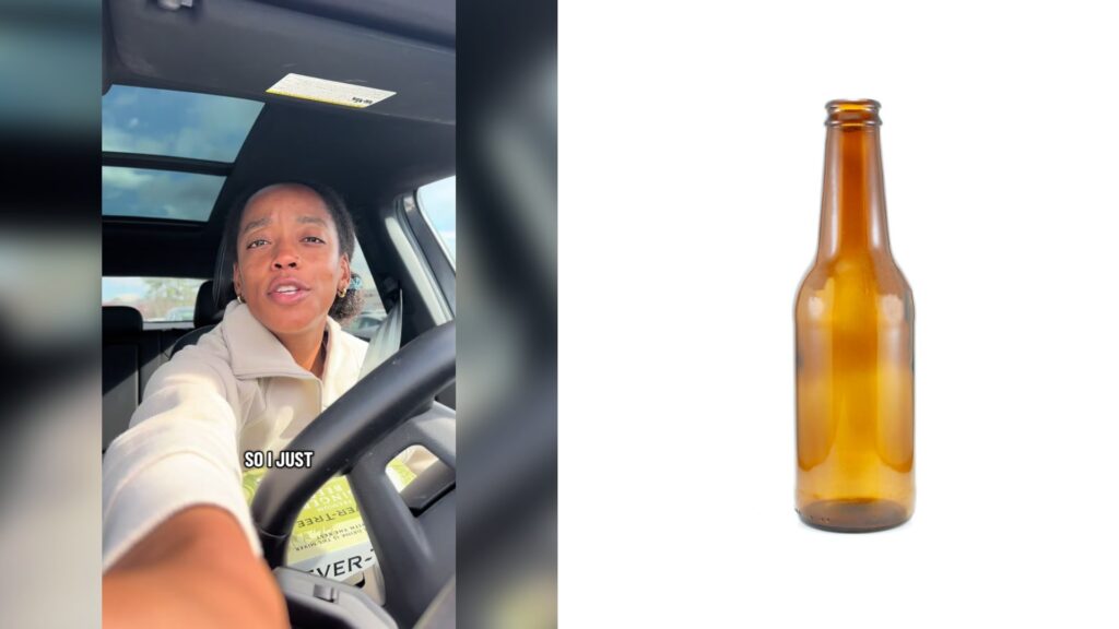Cover of @torihood6's TikTok video beside an Unsplash photo by Fernando Latorre of a brown glass bottle with yellow liquid.