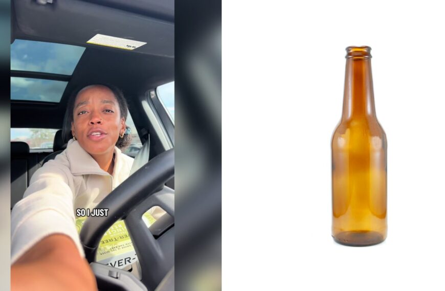 Cover of @torihood6's TikTok video beside an Unsplash photo by Fernando Latorre of a brown glass bottle with yellow liquid.