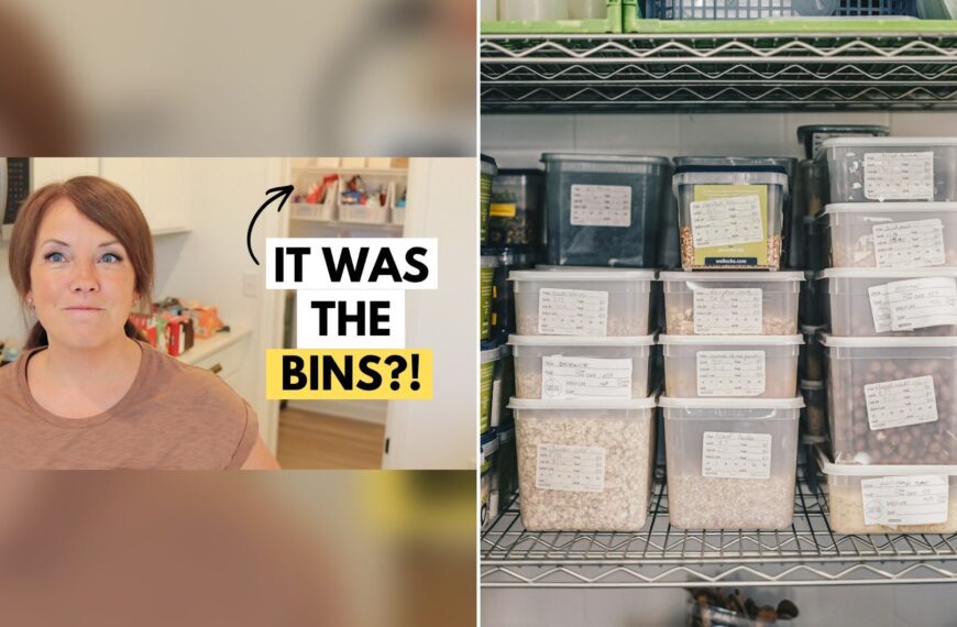 Cover of @TheMinimalMom's YouTube video thumbnail beside an Unsplash photo by Ambitious Studio* | Rick Barrett of pantry shelves lined with food containers