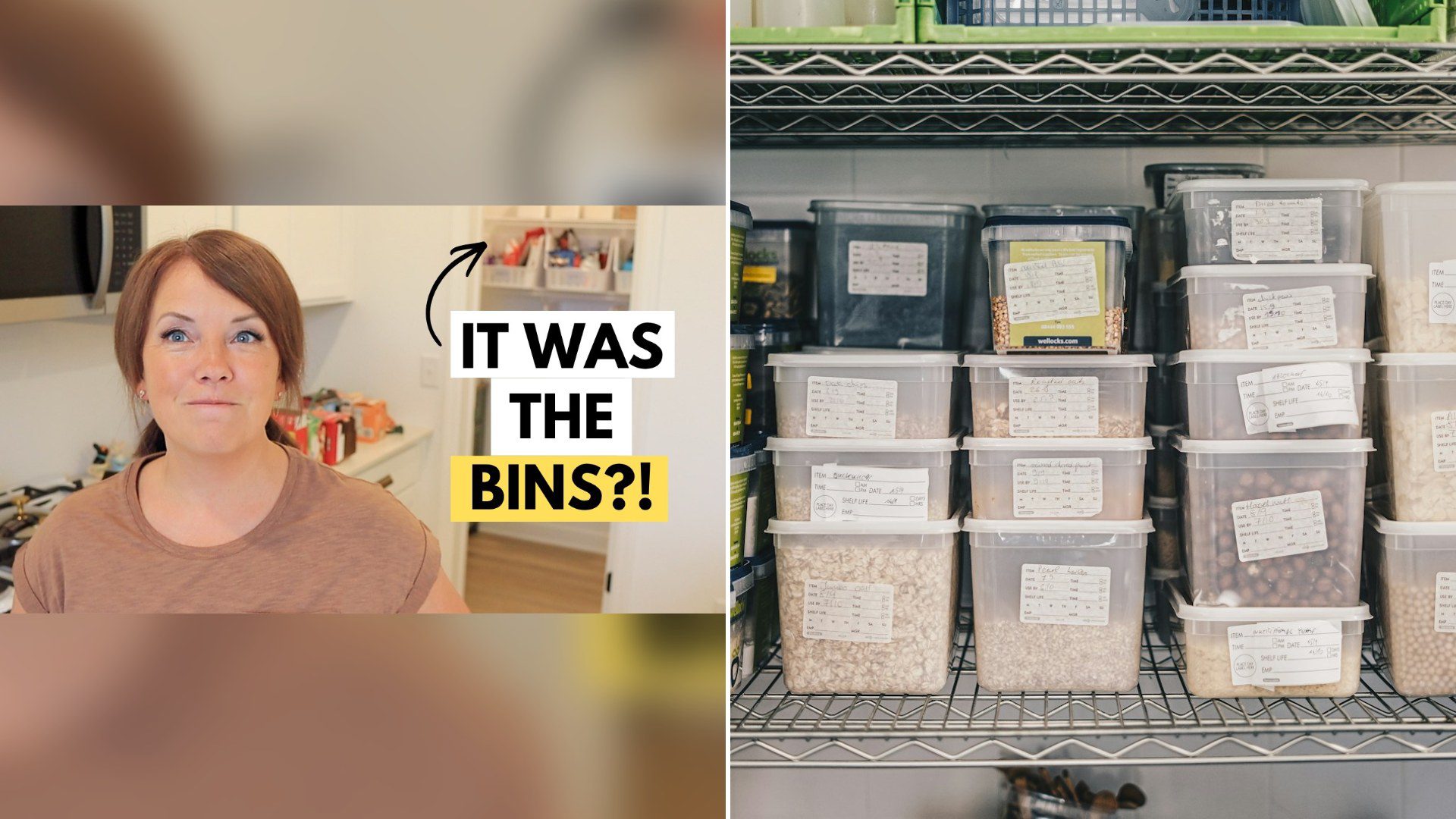 Cover of @TheMinimalMom's YouTube video thumbnail beside an Unsplash photo by Ambitious Studio* | Rick Barrett of pantry shelves lined with food containers