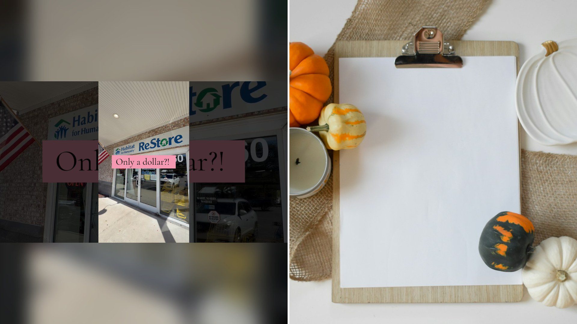 Cover of @CandyThrifts's YouTube video thumbnail beside an Unsplash photo by Mariah Hewines of orange and white pumpkins on a white table