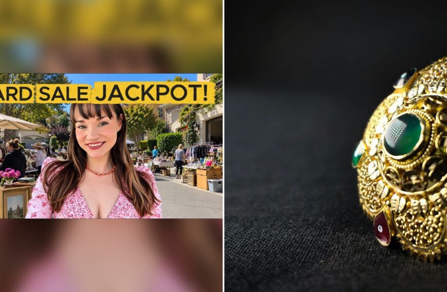 Cover of @Kelseyolivethrifts's YouTube video thumbnail beside an Unsplash photo by MAYANK GEHLOT of a gold and blue ring on black textile