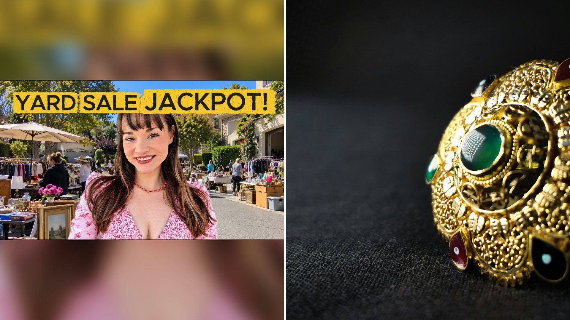 Cover of @Kelseyolivethrifts's YouTube video thumbnail beside an Unsplash photo by MAYANK GEHLOT of a gold and blue ring on black textile
