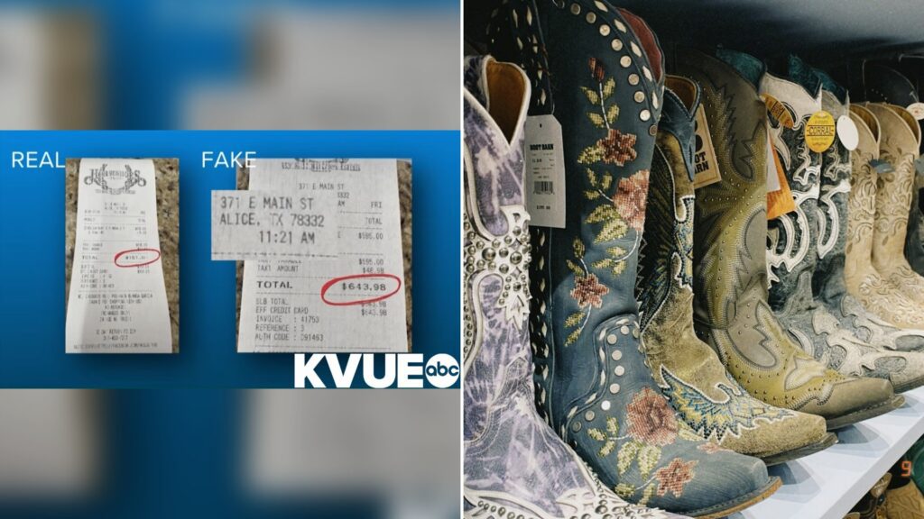 Cover of @KVUETV's YouTube video thumbnail beside an Unsplash photo by Emily Moynihan of ornate cowboy boots lined up on a store shelf