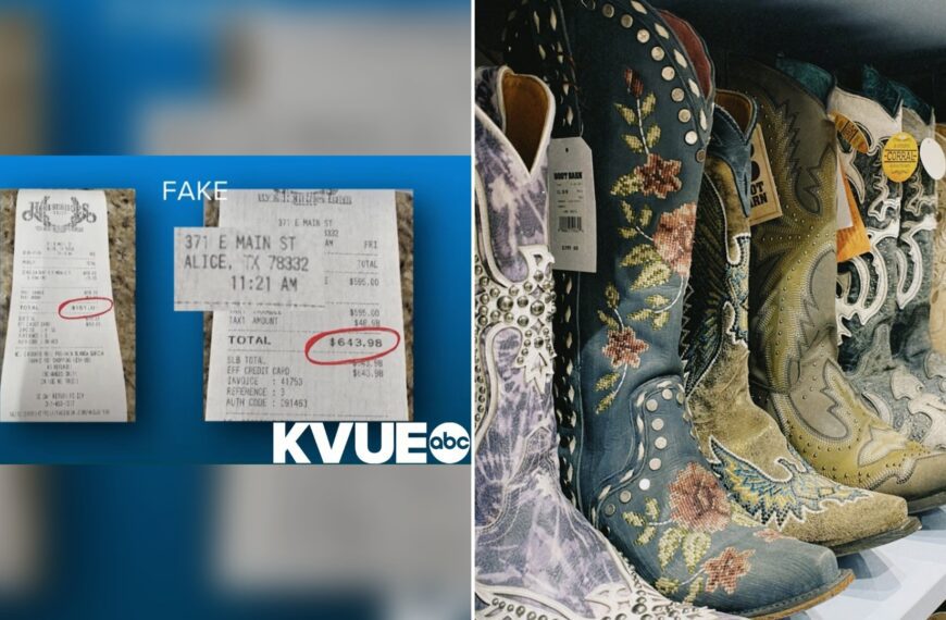 Cover of @KVUETV's YouTube video thumbnail beside an Unsplash photo by Emily Moynihan of ornate cowboy boots lined up on a store shelf